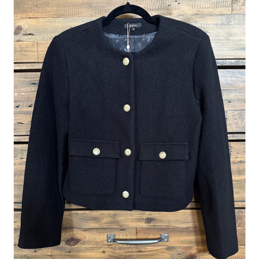 Quince Jacket Womens Medium Black Wool Collarless Gold Button Pockets Short NWT